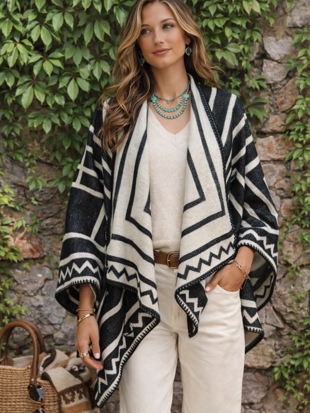 NAVY AND WHITE Boho Coastal Cowgirl Southwestern Reversible Ruana, One Size